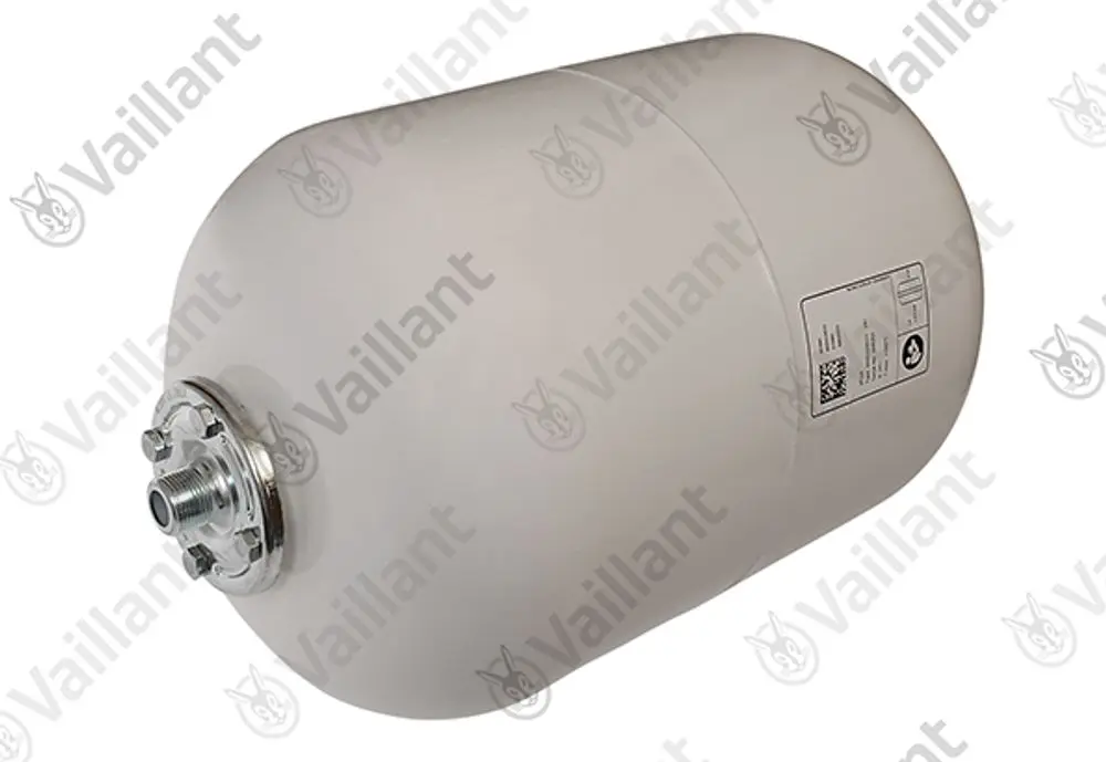 Vaillant Ausdehnungsgefäß mit runder Form und metallischem Anschluss, grau beschichtet. Sichtbare Produktinformationen auf einer Seite.